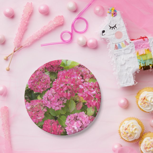 Pink Hydrangea Blooms Floral  Paper Plates (Party)