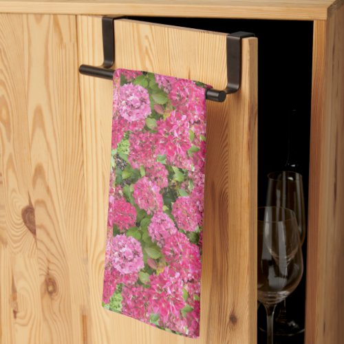 Pink Hydrangea Blooms Floral Pattern Kitchen Towel