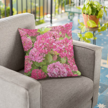 Pink Hydrangea Blooms Floral Throw Pillow