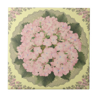 Pink Hydrangea Blooms Floral yellow Ceramic Tile