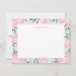 Pink Hydrangea Border Blue Personalized Note Card