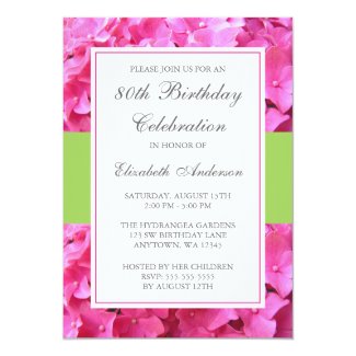 Pink Hydrangea Border Green 80th Birthday Party Card