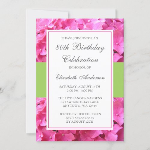 Pink Hydrangea Border Green 80th Birthday Party Invitation