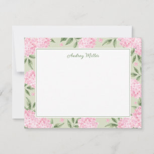 Pink Hydrangea Border Green Personalized Note Card