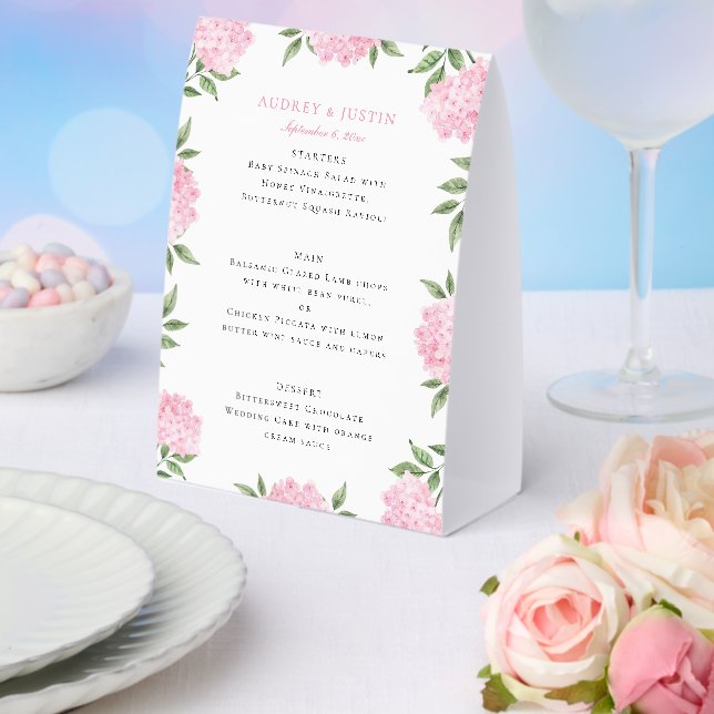 Pink Hydrangea Border Wedding Menu Paper Table Tent (Insitu(Wedding))