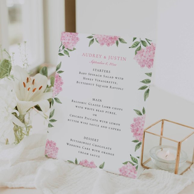 Pink Hydrangea Border Wedding Menu Pedestal Sign (Creator Uploaded)