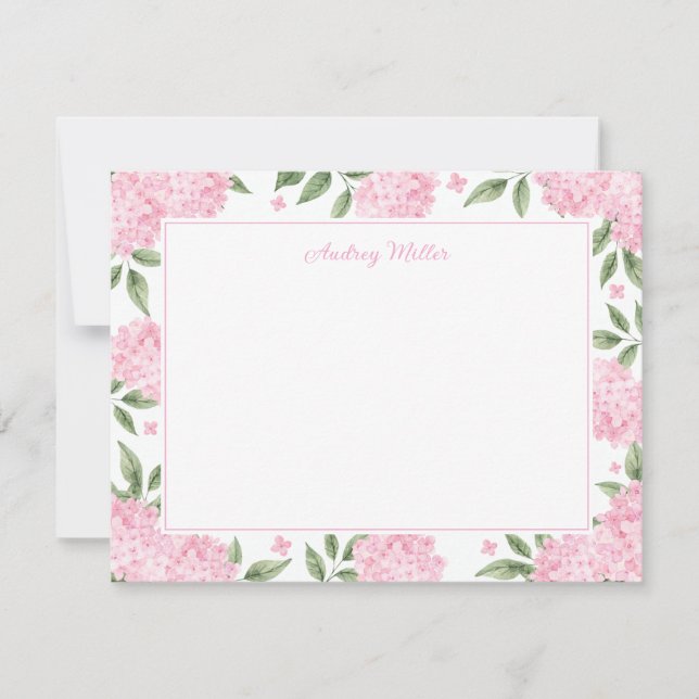 Pink Hydrangea Border White Personalized Note Card (Front)