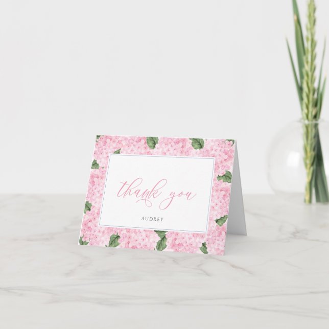 Pink Hydrangea Bordered Personalized Script Letterpress Thank You Card (Front)