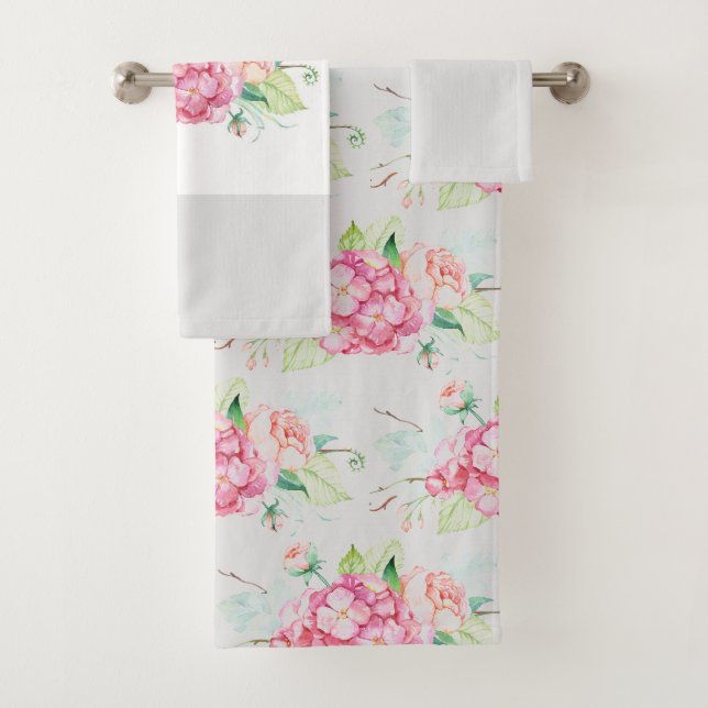Pink Hydrangea Botanical  Pattern on Light Gray Bath Towel Set (Insitu)