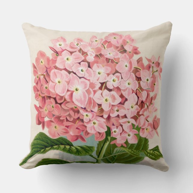 Pink Hydrangea Botanical Print Throw Pillow (Front)