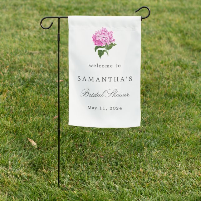 Pink Hydrangea Bridal Shower Welcome Garden Flag (In SItu)