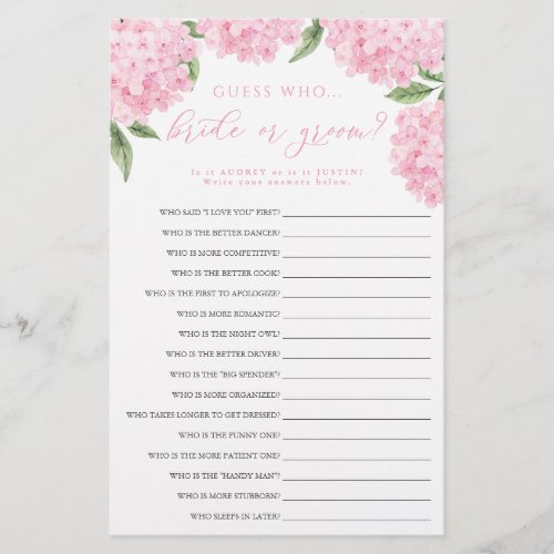 Pink Hydrangea Bride or Groom Paper Game Card