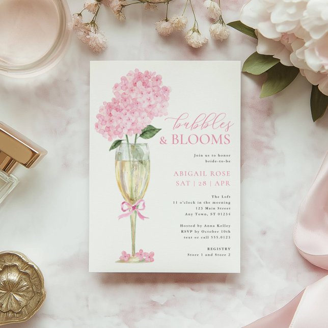 Pink Hydrangea Bubbles and Blooms Champagne Glass Invitation (Creator Uploaded)