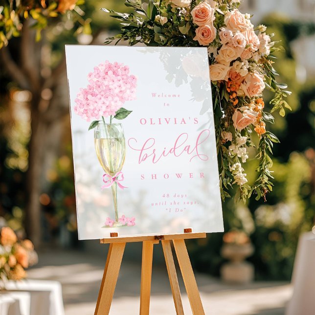Pink Hydrangea & Champagne Shower Welcome Frosted Acrylic Sign (Creator Uploaded)