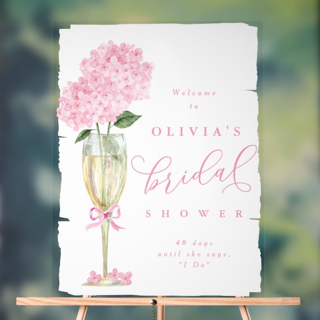 Pink Hydrangea & Champagne Shower Welcome Painted Acrylic Sign (Neutral)