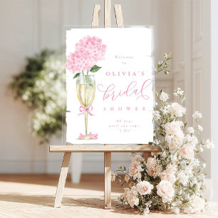Pink Hydrangea & Champagne Shower Welcome Painted Acrylic Sign