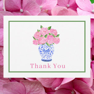 Pink Hydrangea Chinoiserie Thank You Green Border Note Card