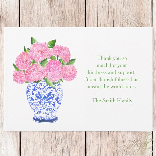 Pink Hydrangea Chinoiserie Vase Sympathy Thank You Note Card (Creator Uploaded)