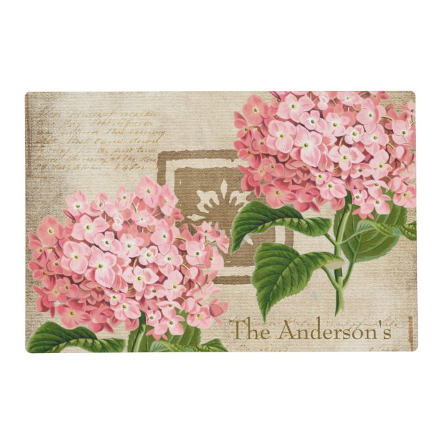 Pink Hydrangea Clusters Add a Name Placemat (Front)