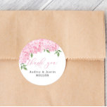 Pink Hydrangea Customized Wedding Favor Classic Round Sticker<br><div class="desc">This beautiful design features watercolor hydrangea flowers and your custom text.  Use the template to fill in your information.  The "Customize further" feature can be used to change the font (size,  style,  color),  add more lines of text or change the layout.</div>