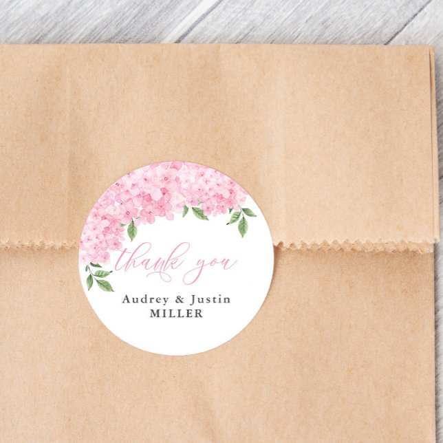 Pink Hydrangea Customized Wedding Favor Classic Round Sticker (Creator Uploaded)