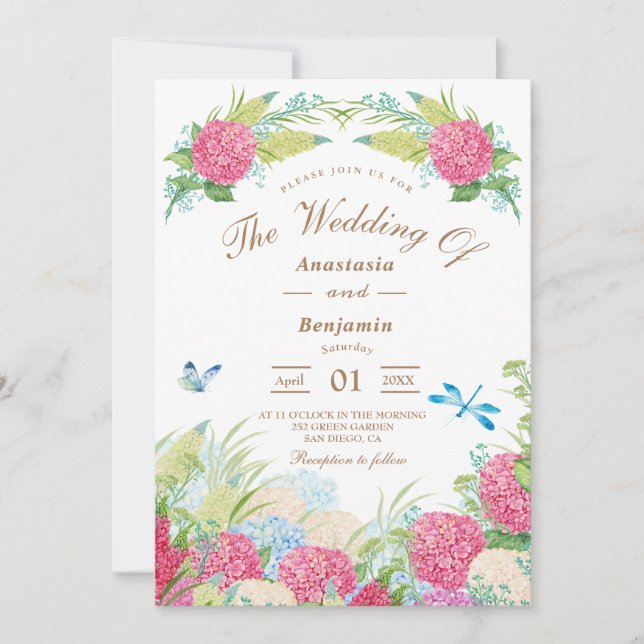 Pink Hydrangea Elegant  Floral  Wedding Invitation (Front)