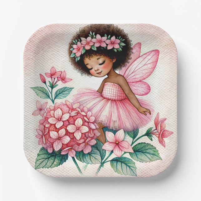 Pink Hydrangea Fairy Black Girl Watercolor Paper Plates (Front)