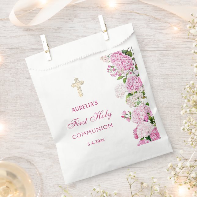 Pink Hydrangea First Communion Favor Bag (Clipped)