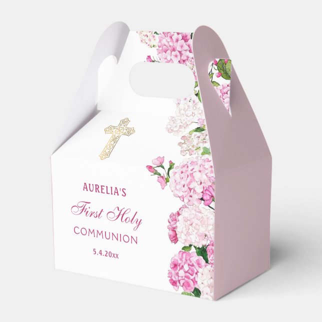 Pink Hydrangea First Communion Gable Favor Boxes (Front Side)