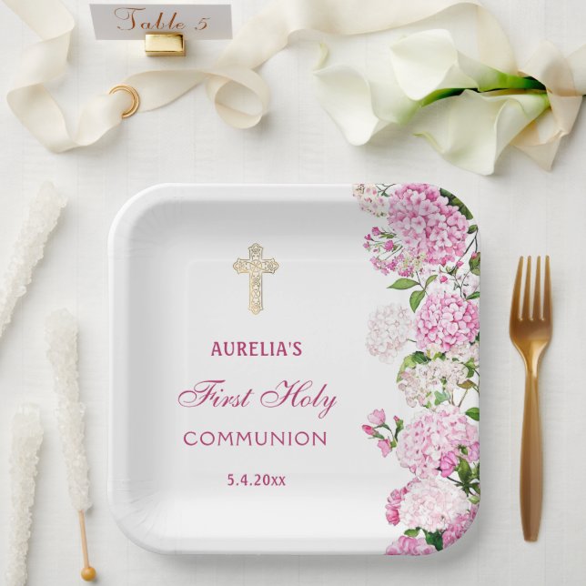 Pink Hydrangea First Communion Paper Plates (Wedding)