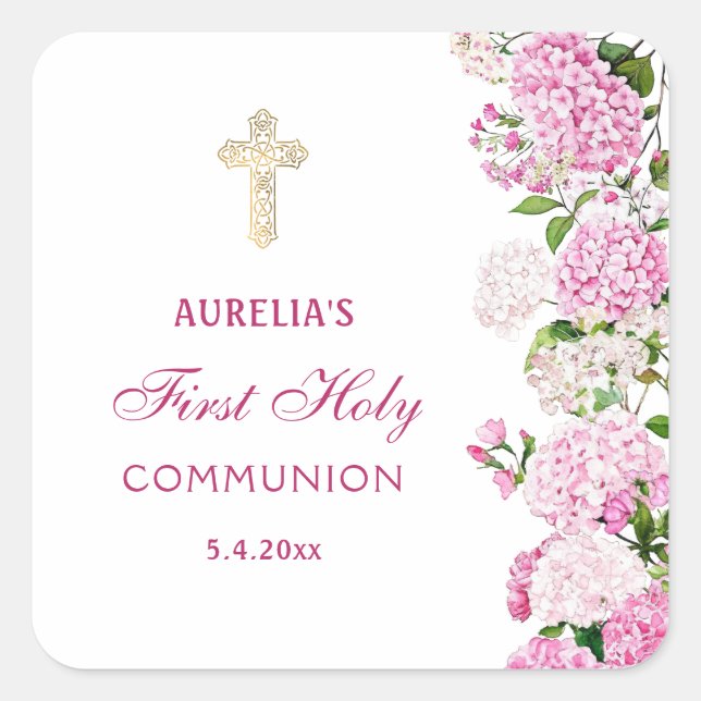 Pink Hydrangea First Communion Square Sticker (Front)