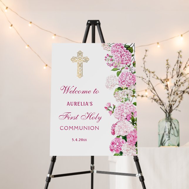 Pink Hydrangea First Communion Welcome Foam Board (In Situ (Stand))