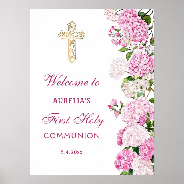 Pink Hydrangea First Communion Welcome Poster (Front)
