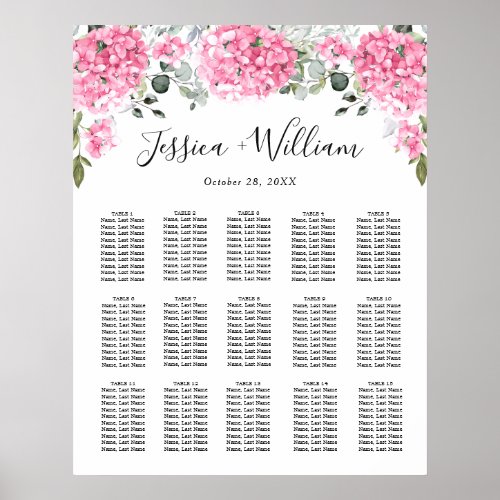 Pink Hydrangea Floral 15 Tables SEATING CHART