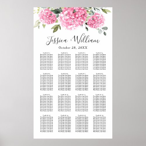 Pink Hydrangea Floral 16 Tables SEATING CHART