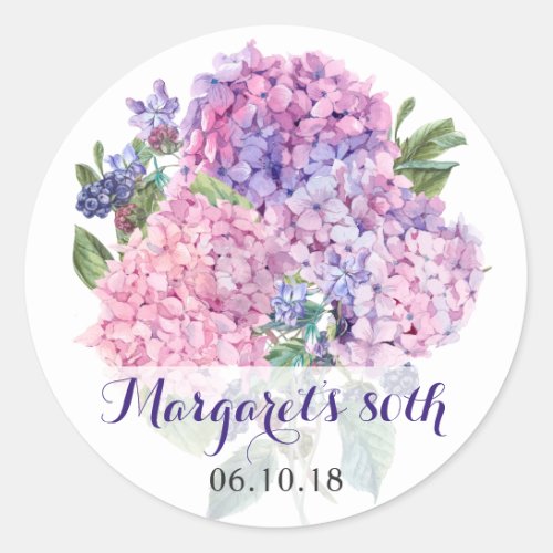 Pink Hydrangea Floral 80th Birthday Classic Round Sticker