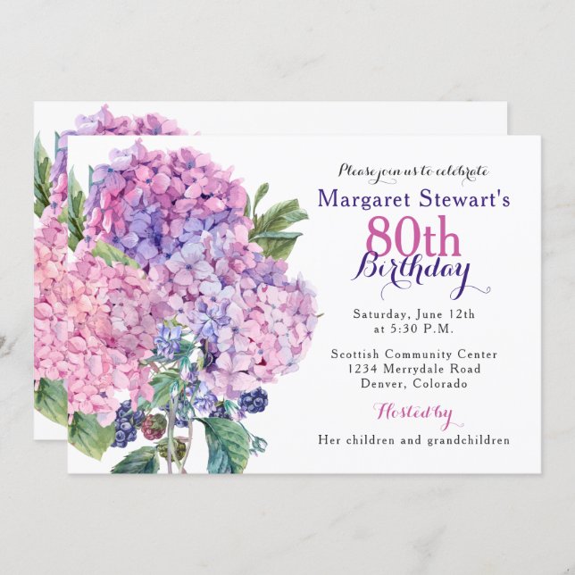 Pink Hydrangea Floral 80th Birthday Invite (Front/Back)