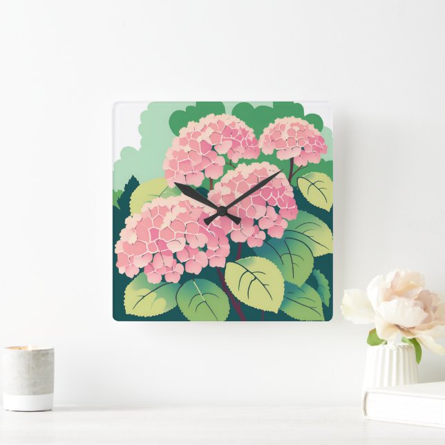 Pink Hydrangea Floral Botanical Square Wall Clock (Home)