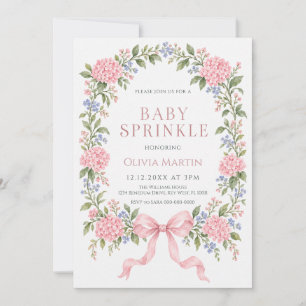 Pink Hydrangea Floral Bow Baby Sprinkle Invitation