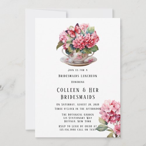 Pink Hydrangea Floral Butterfly Bridesmaids Lunch Invitation