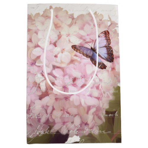 Pink Hydrangea Floral Butterfly Flower Script Art Medium Gift Bag