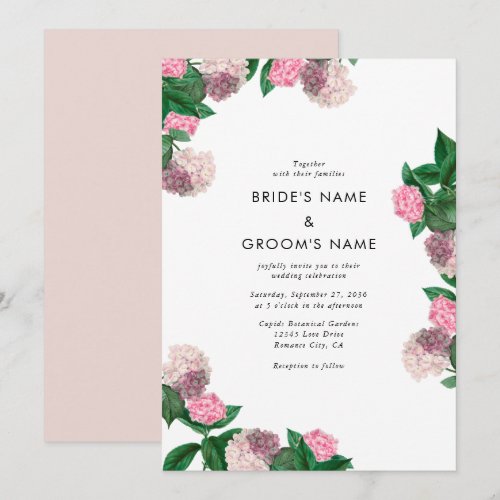 Pink Hydrangea Floral Greenery Modern Wedding Invitation