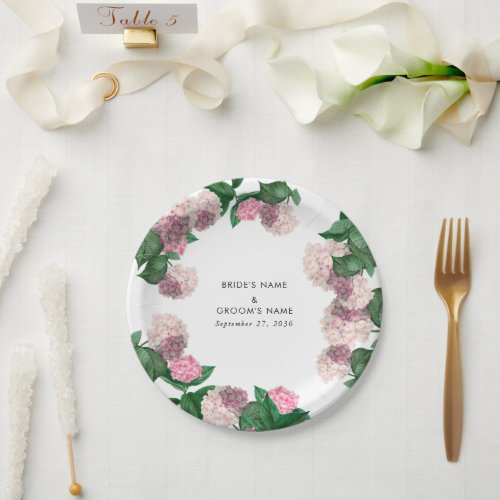Pink Hydrangea Floral Greenery Modern Wedding Paper Plates