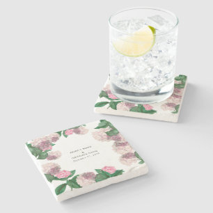 Pink Hydrangea Floral Greenery Modern Wedding Stone Coaster