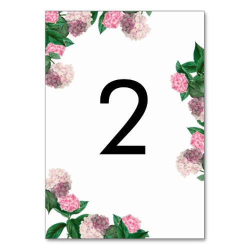 Pink Hydrangea Floral Greenery Modern Wedding Table Number