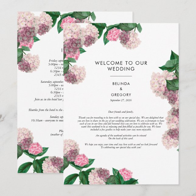 Pink Hydrangea Floral Greenery Wedding Itinerary  Program (Front/Back)