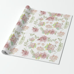 Pink Hydrangea Floral Watercolor Blush Roses Sage Wrapping Paper