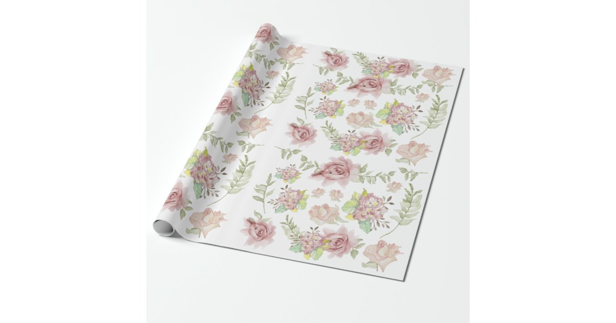 Pink Hydrangea Floral Watercolor Blush Roses Sage Wrapping Paper | Zazzle