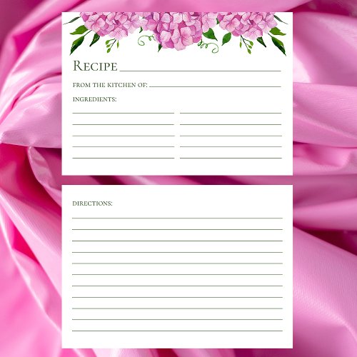 Pink Hydrangea Floral Watercolor Recipe Card