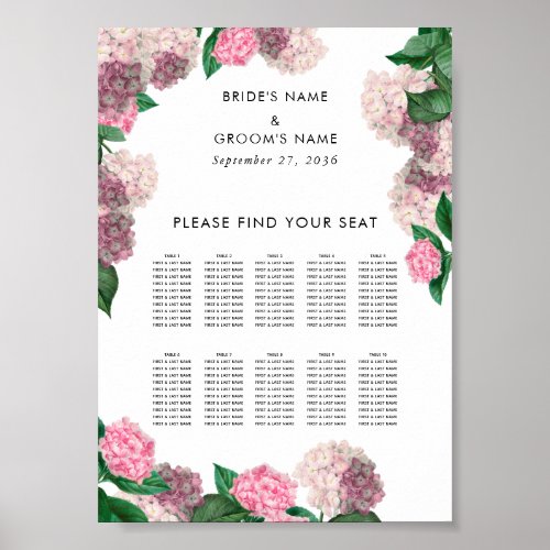 Pink Hydrangea Floral Wedding Seating Chart